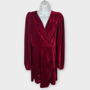 Altar’d State Red Vevlet Puff Balloon Long Sleeve Faux Wrap Dress Medium